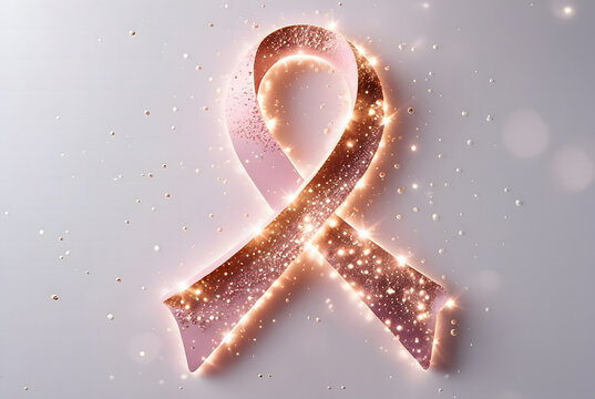 Sparkling rose gold awareness ribbon disintegrating into glowing dust for breast cancer campaign