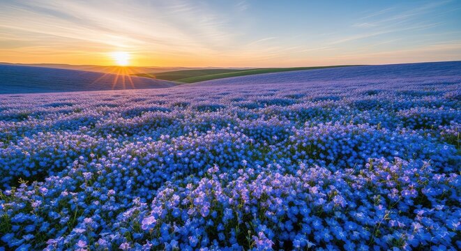 Vibrant blue wildflowers bloom across a rolling field under the soft golden light of a rising sun, creating a peaceful morning landscape, colorful, nature, wallpaper