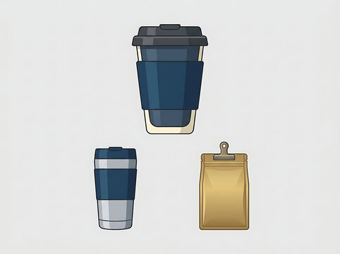 Reusable coffee tumblers and kraft paper bean bag set in navy blue and gold colors suitable for eco friendly cafe merchandise and retail packaging.