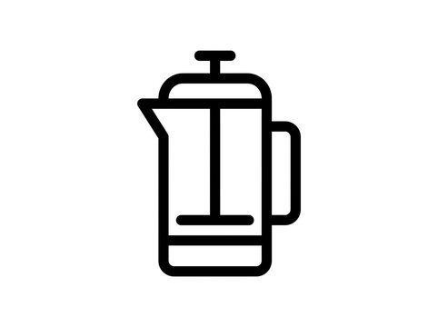 Minimalist french press coffee maker line art icon showing plunger design for drinkware branding and brewing instructions in clean vector illustration.