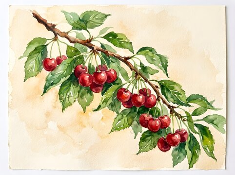 Watercolor painting of a cherry tree branch with ripe red cherries and green leaves on a textured paper background