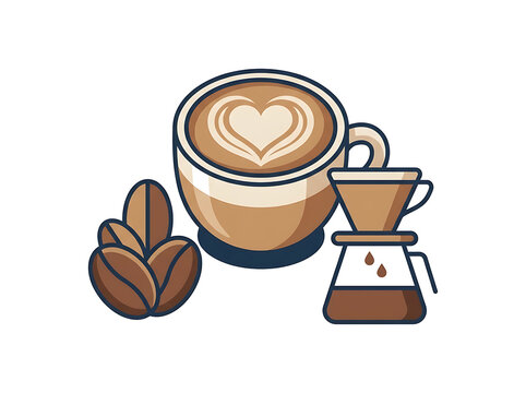 Stylized coffee brewing concept with large latte cup roasted beans and pour over filter carafe in brown and navy blue tones for specialty coffee shops.