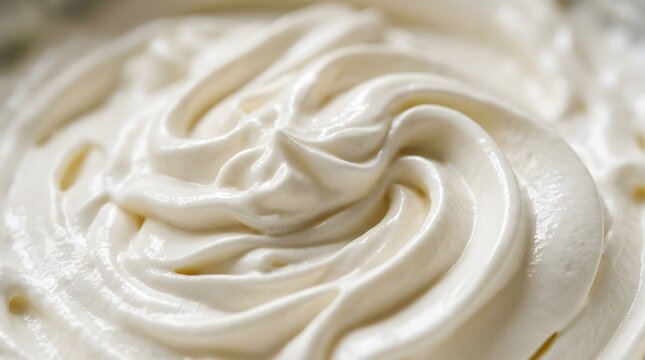 Close up macro view of soft white whipped cream swirls texture