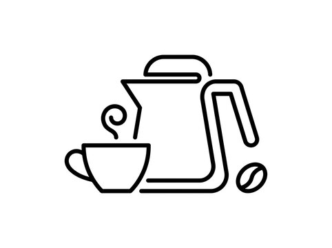 Clean line art coffee brewing icon showing pot and steaming cup with bean for cafe logo design branding materials or beverage industry marketing art.