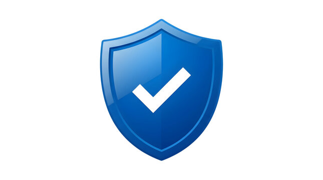 Glossy blue shield icon with white checkmark, secure protection symbol for cybersecurity and data safety, trusted guarantee emblem