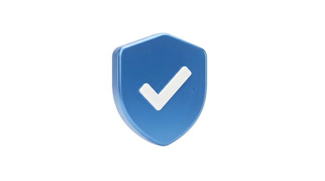 Blue shield icon with white checkmark, 3D security symbol for cyber protection, glossy safety badge on white background