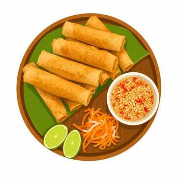 Crispy fried spring rolls lumpia with sweet chili dipping sauce pickled carrots and lime on wooden plate vector illustration isolated on white background