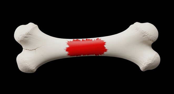 White dog bone with a vibrant red paint splash on a black background, showcasing unique design elements and textures for creative projects and pet-related themes
