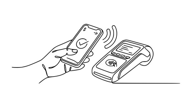 Contactless mobile payment hand smartphone and POS terminal continuous line vector