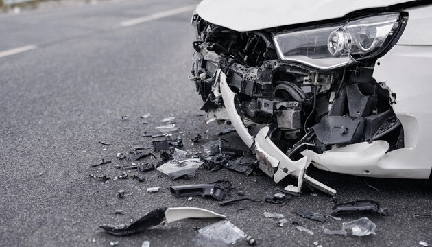 Severe frontal car crash on the road with destroyed front bumper and scattered debris