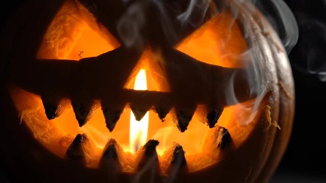 Glowing carved Jack-o-lantern pumpkin with intense orange fire light and mysterious smoke in dark background