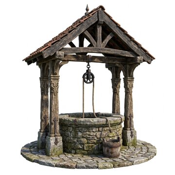 Rustic stone well with wooden roof and bucket in a village square