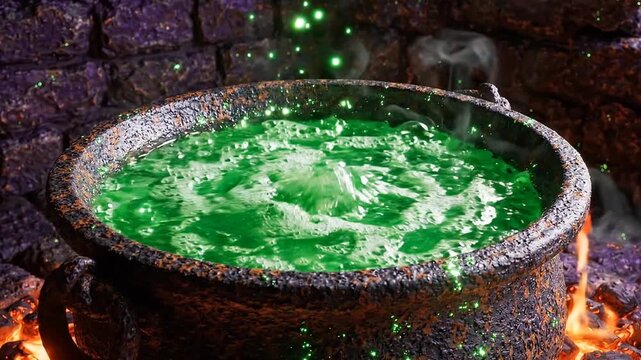 Magical bubbling green potion in an old cast iron cauldron over a fire with sparkles