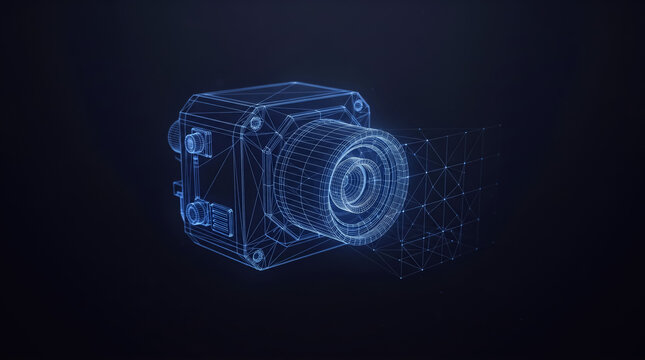 Digital wireframe surveillance camera rendered in glowing neon blue lines on a dark background showing intricate mechanical details for modern security systems and high technology innovation concepts 