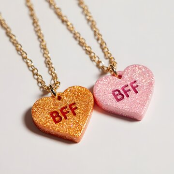Sparkling orange and pink heart necklaces featuring bff inscriptions hanging on delicate gold chains against a plain white studio background