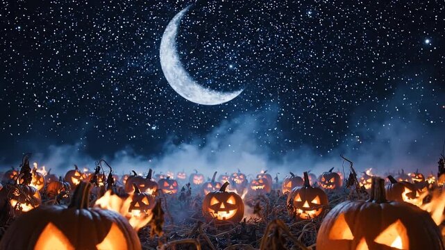 Crescent moon illuminates a glowing pumpkin patch under a starry night sky with mysterious blue fog