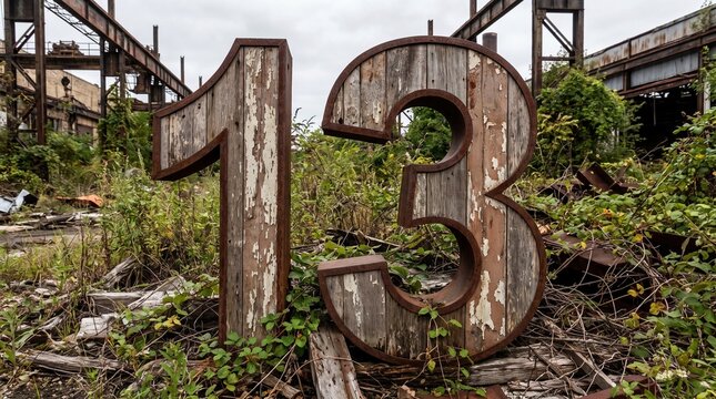 Large wooden number 13 in overgrown abandoned industrial site with number rusted