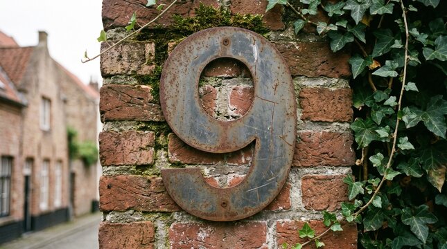 Weathered metal number nine attached to a textured brick wall covered in ivy