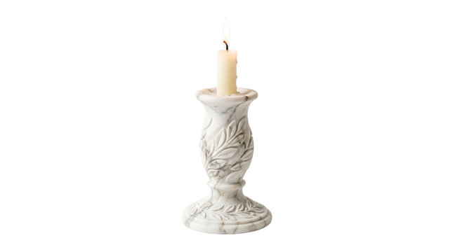 Vintage marble candlestick with burning wax candle, ornate stone candle holder, elegant home decor object on white background