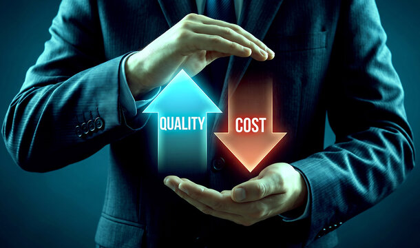 Businessman holding icons showing rising quality and decreasing cost concept