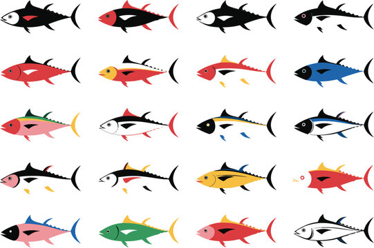 set of fish Mega collection of 20 freshwater and saltwater fish silhouettes solid black shapes vector
