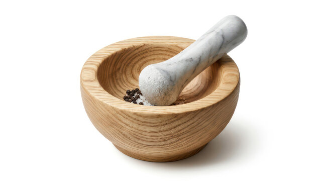 Wooden mortar and pestle with peppercorns for grinding spices.
