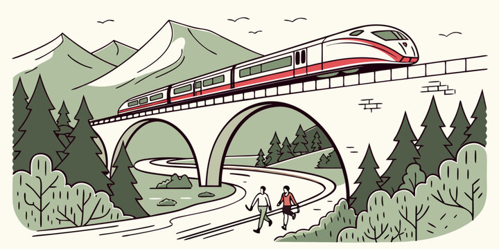 Flat vector illustration of a train passing through a tunnel surrounded by mountains with people