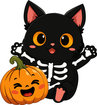 Happy black skeleton cat with pumpkin is a festive fall mascot perfect for holiday spirit. Suitable for halloween designs.