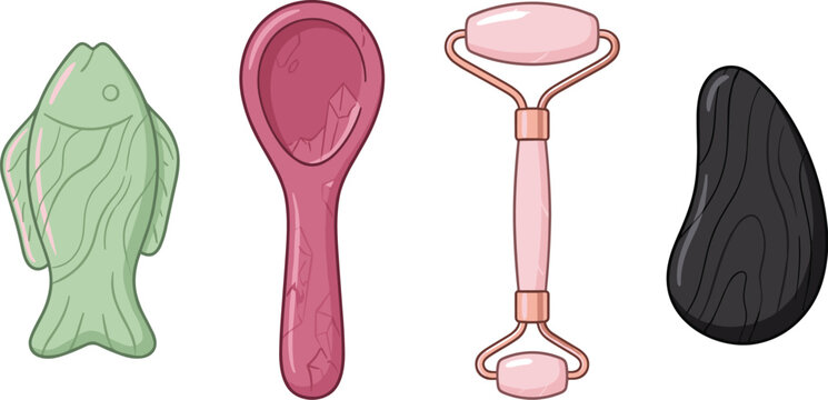 Gua sha facial massage tools vector set featuring rose quartz face roller jade stone scraping massagers and skincare therapy items