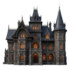 Fototapeta premium Ornate Victorian Gothic mansion with glowing windows at dusk, eerie and mysterious