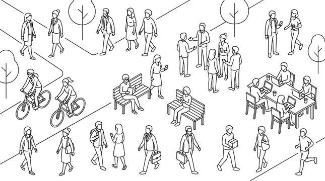 Isometric people line vector illustration featuring diverse crowds walking cycling working talking running sitting in an outdoor public park space