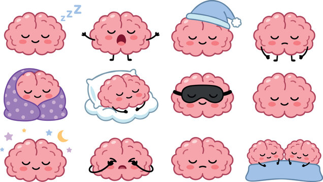 Kawaii sleeping brain character vector set featuring cute cartoon pink brains with nightcap pillow blanket sleep mask and tired bedtime emotion expressions