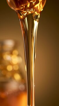 Honey is lifted with a dipper, showcasing strands of honey pulling away. Each frame highlights the texture and flow of the honey.