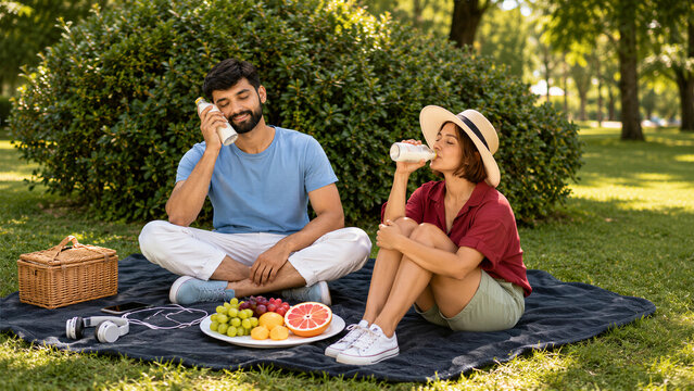 Young Indian Couple Relaxing and Enjoying Drinks During a Picnic in the Park
