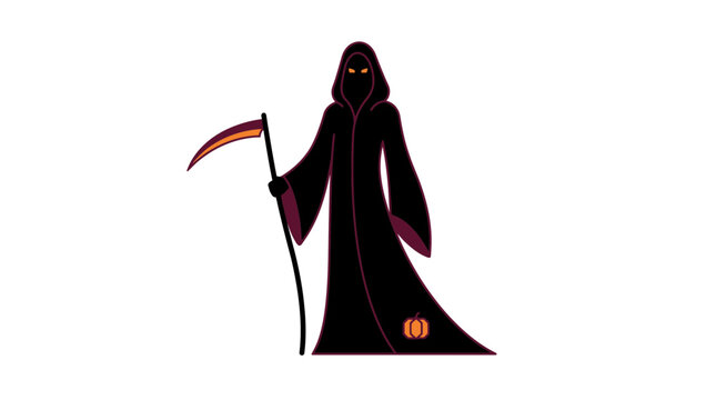 Black hooded figure holding a large scythe and glowing pumpkin on isolated white background with character glowing eyes