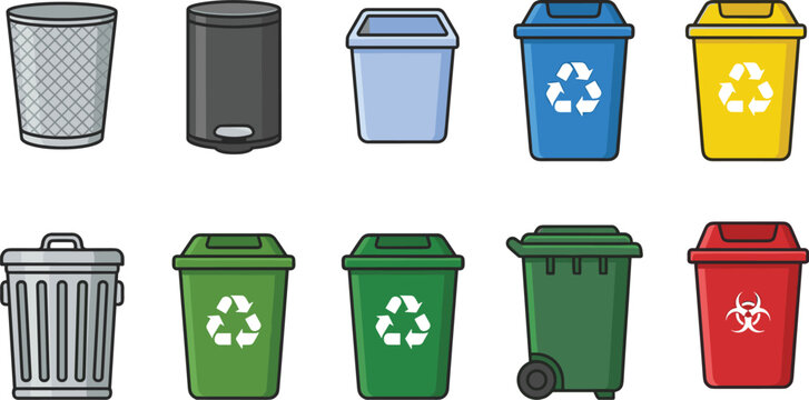 Waste sorting and recycling bin icon set vector illustration featuring different garbage cans for ecological classification