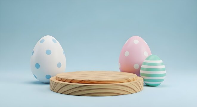 Empty wooden podium for product display with pastel colored easter eggs on blue background