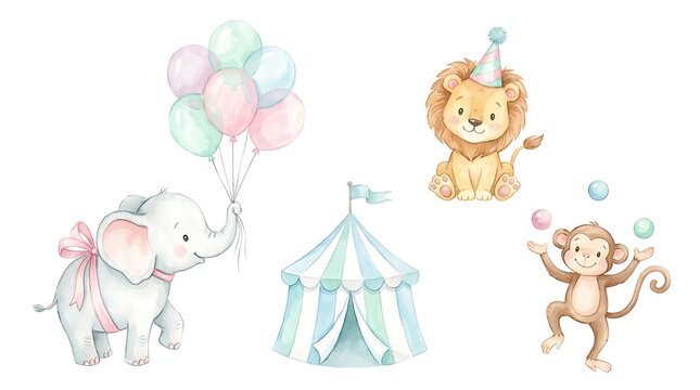 Collection of isolated cute baby circus animals spread across canvas on pure white background