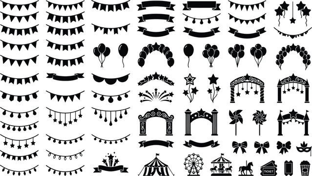 Festival carnival silhouette icons collection with banners balloons fireworks masks tents ferris wheels carousels decorative elements celebration vector design