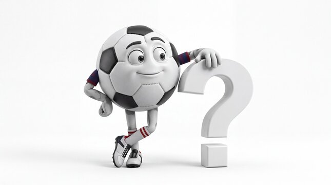 Anthropomorphic soccer ball character wearing professional athletic gear leaning against a large white question mark symbol isolated on white background