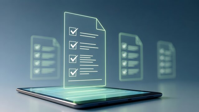 Digital tablet displaying floating neon checklist documents symbolizing electronic contracts, task management, compliance, and paperless office concept