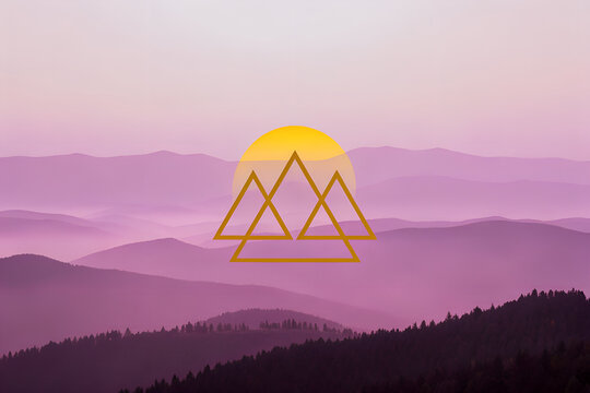 Geometric triangle mountain symbol over serene purple sunset mountain range layered landscape perfect for spiritual or adventure branding design.