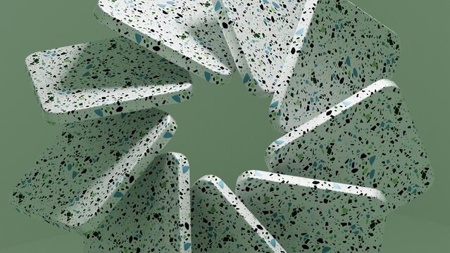 Terrazzo pattern on pinwheel arrangement of stone slabs, speckled slabs spiral around an empty center against a smooth sage green background. 3d rendering.