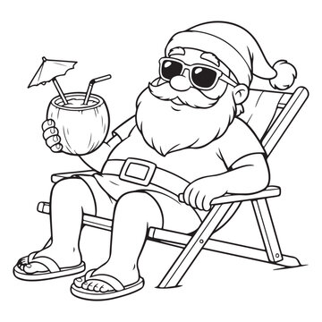 Santa relaxing on beach chair isolated on Beach Chair Summer Christmas Line Art  on white background  