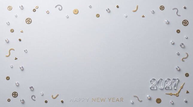 Decorative border featuring golden clockwork gears transparent glass beads and chains surrounding the festive text happy new year two thousand twenty seven on light grey background