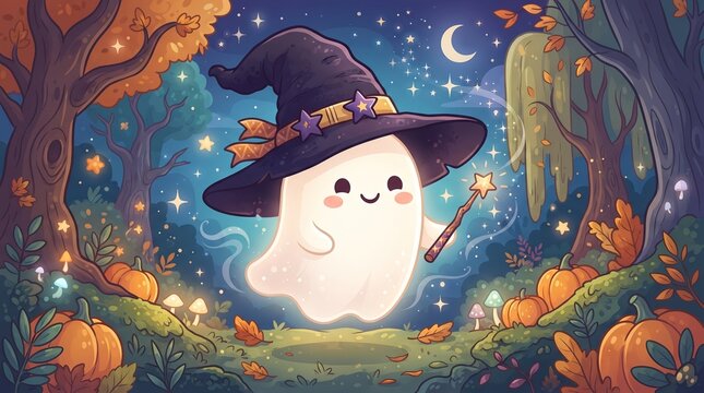 Cute cartoon ghost wearing a wizard hat and holding a magic wand in a mystical autumn forest at night
