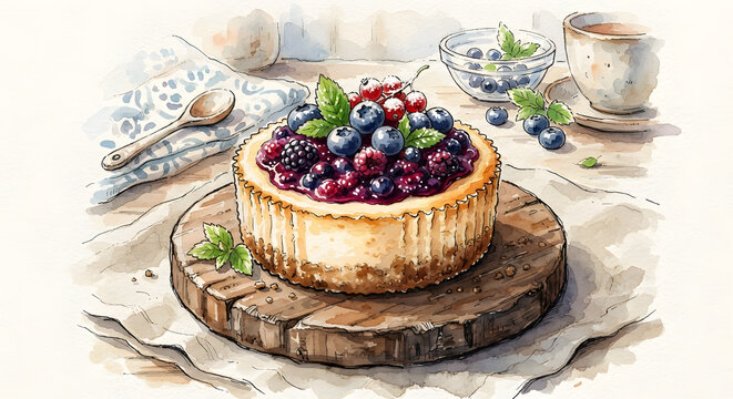 Watercolor Illustration of a Berry Cheesecake on a Wooden Board