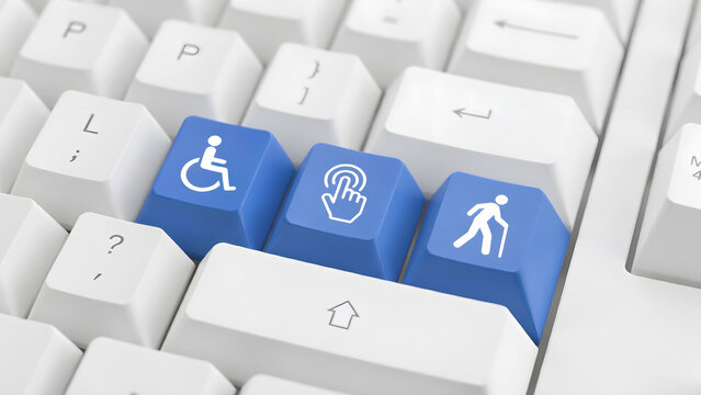 Blue keyboard keys with accessibility icons for disabled