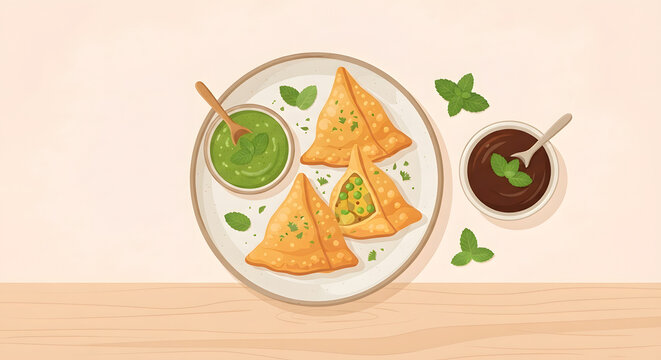 Crispy Samosas with Chutney Illustration