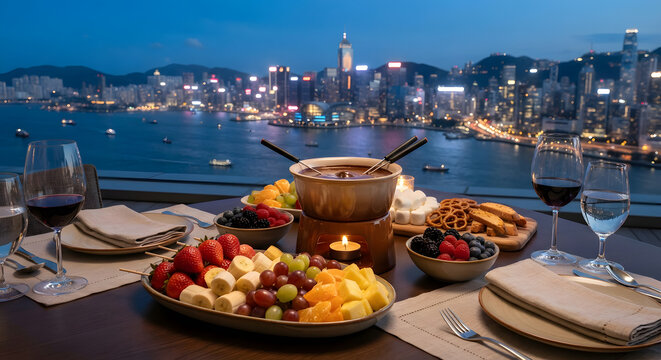 Romantic Chocolate Fondue Dinner Overlooking a City Skyline at Night
